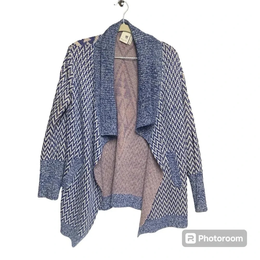 Pink Owl blue/pink open front cardigan with pockets size small